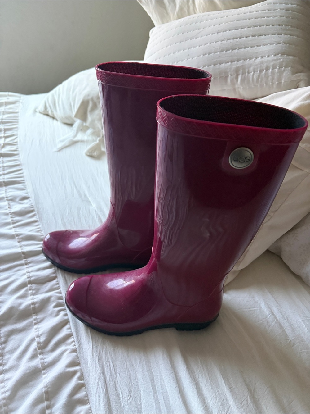UGG Glossy Raspberry Rain Boots with Black Soles